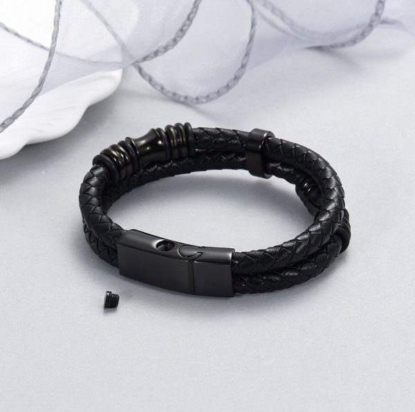 Mens All Black Bead Leather Ashes bracelet - Memorial Keepsake Urn & Filling Kit. - Image 3