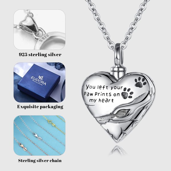 925 Sterling Silver Paw Print Heart Locket Cremation Ashes Urn Necklace - Image 5