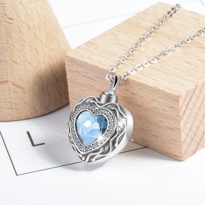 925 Sterling Silver Blue Zircona Heart Cremation Ashes Necklace – Memorial Keepsake Urn. Silver Chain 18" or 20" included.