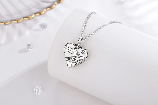 925 Sterling Silver Paw Print Heart Locket Cremation Ashes Urn Necklace
