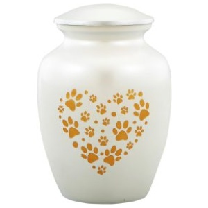 White and Gold Heart Paws Cremation Urn with Optional Lid Personalisation