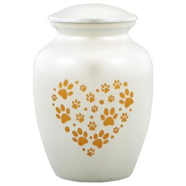 White and Gold Heart Paws Cremation Urn with Optional Lid Personalisation